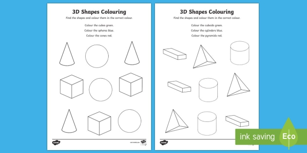 Kindergarteners matching and coloring various 3D shapes on a worksheet