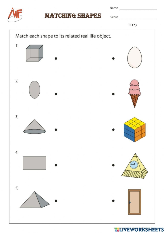 Kindergarten worksheet featuring 3D shapes for matching and coloring activities