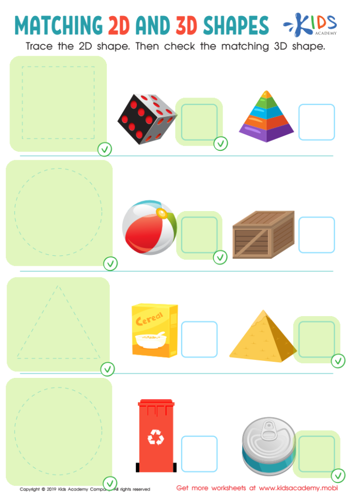 Kindergarten students matching and coloring various 3D shapes on a worksheet for geometry