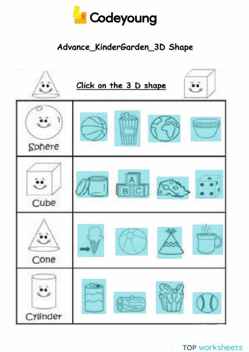 Kindergarten worksheet showing 3D shapes to match and color in a fun activity