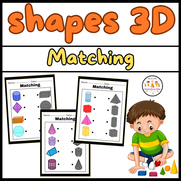Kindergarten worksheet for matching and coloring 3D shapes in a fun activity