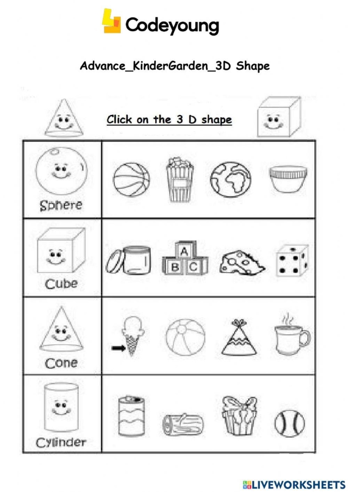 Kindergarten students matching and coloring various 3D shapes on a worksheet