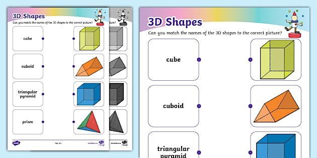 Kindergarten worksheet for matching and coloring 3D shapes in everyday objects