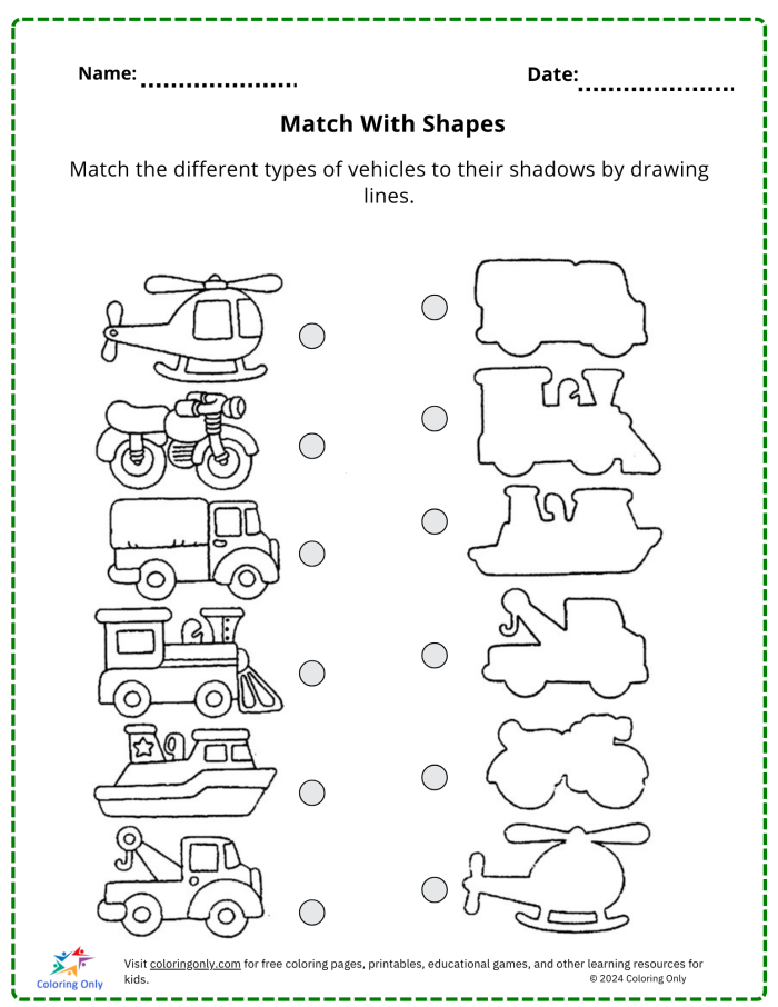 Shape Matching Fun worksheet with cubes, cones, spheres, and rectangular prisms for young learners Kindergarten geometry worksheet featuring 3-D shape matching and coloring activities