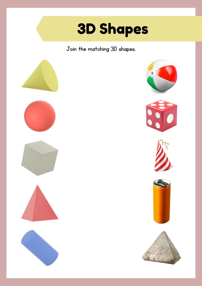 Kindergarteners matching and coloring various 3D shapes on a worksheet focused on physical science concepts