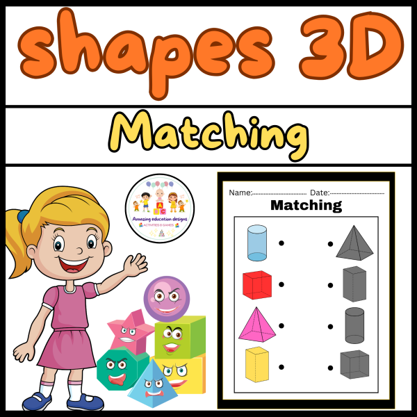 Kindergarten worksheet featuring activities to match and color various 3D shapes