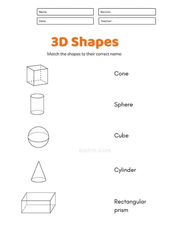 Kindergarten students matching and coloring 3D shapes on a worksheet