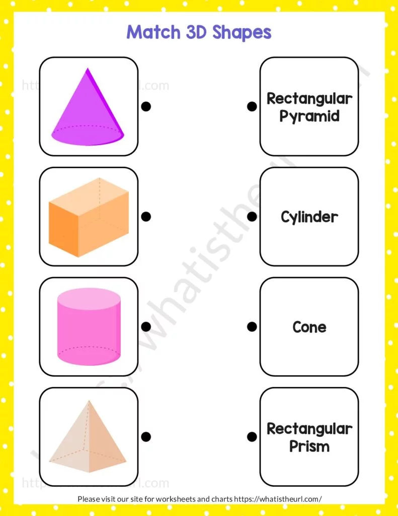 Kindergarten worksheet for matching and coloring three-dimensional shapes in everyday scenes