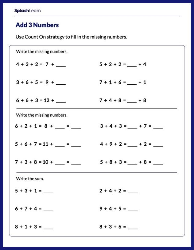 Worksheet for practicing addition of three numbers designed for young learners in Kindergarten Kindergarten student working on an Add Three Numbers worksheet with colorful counters