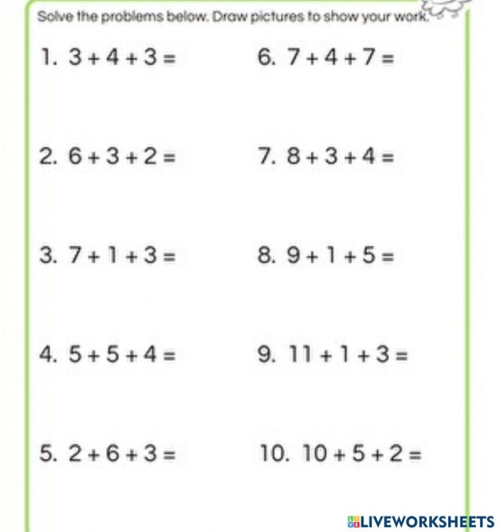 Fun addition challenge on worksheet for young learners to add three numbers confidently Kindergarten student completing an Add Three Numbers worksheet with colorful counters