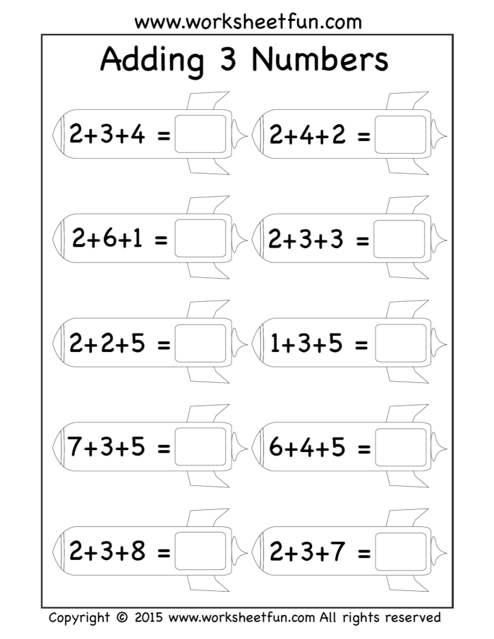 Fun addition challenge on worksheet number 14 for young math learners Kindergarten child solving an Add Three Numbers worksheet with colorful counters