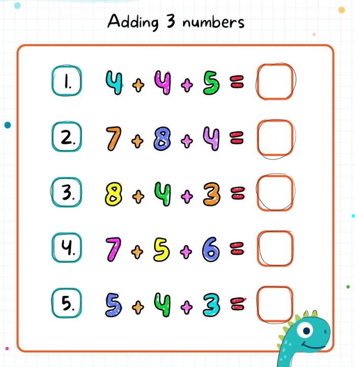 Fun addition activity for kindergarteners focusing on adding three numbers in worksheet 12 Kindergarten child solving an Add Three Numbers worksheet with colorful counters