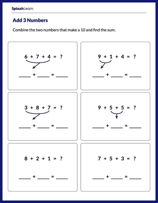 Fun and engaging addition worksheet for young learners to add three numbers confidently Kindergarten student solving an Add Three Numbers worksheet to practice addition skills