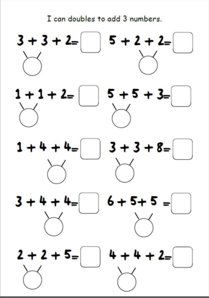 Worksheet 19 for adding three numbers in a fun kindergarten math activity Kindergarten student practicing addition with an Add Three Numbers worksheet