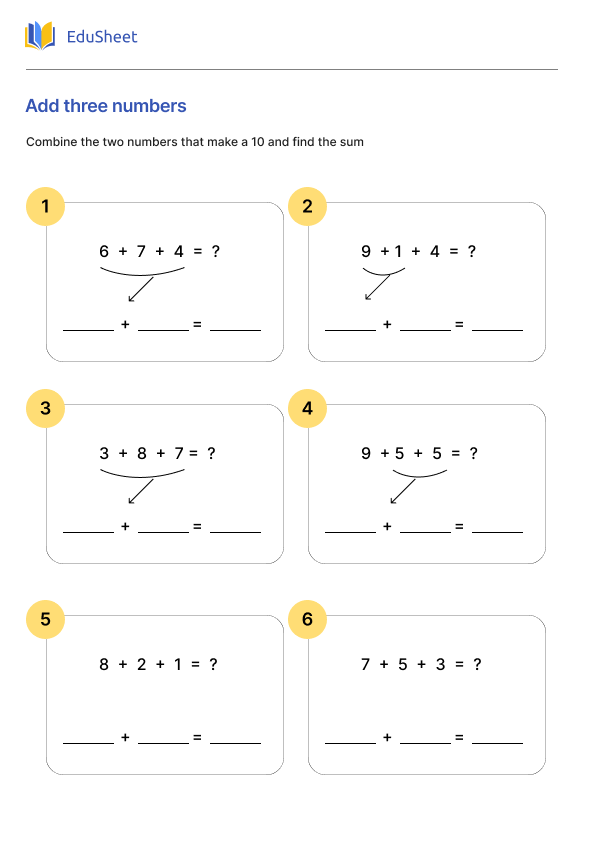 Worksheet for adding three numbers designed for young learners in kindergarten Kindergarten student practicing addition with three numbers on a worksheet