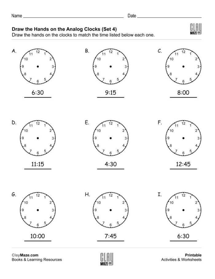 Kindergarten worksheet for drawing whole hours on analog clocks