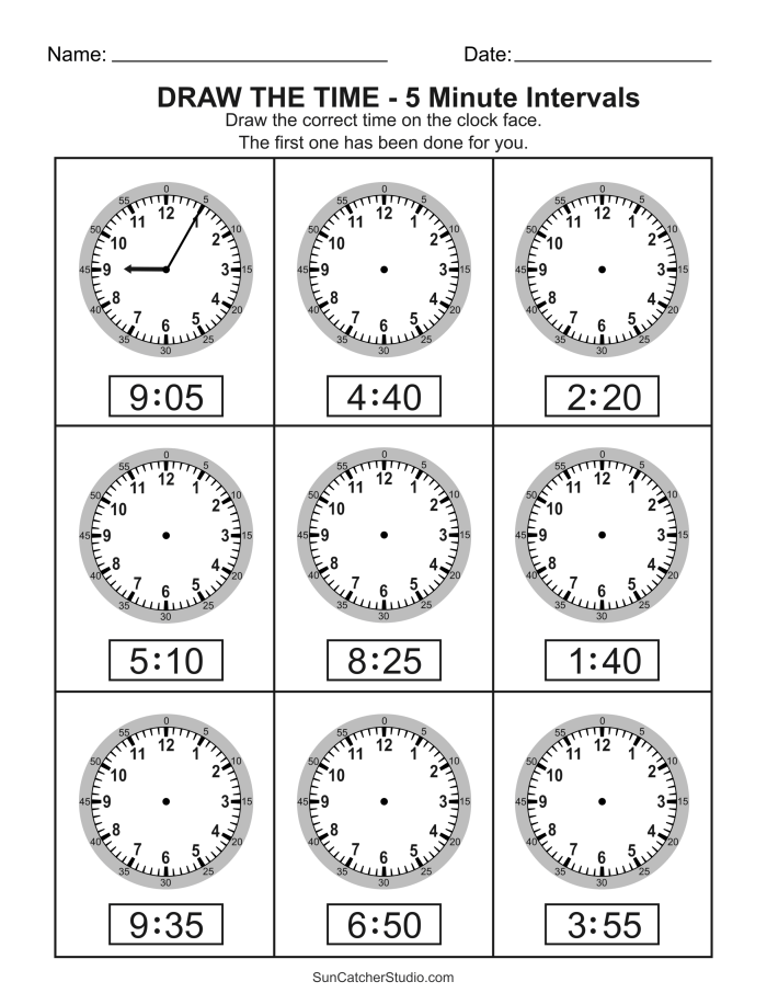 Kindergarten worksheet for drawing whole hours on analog clocks