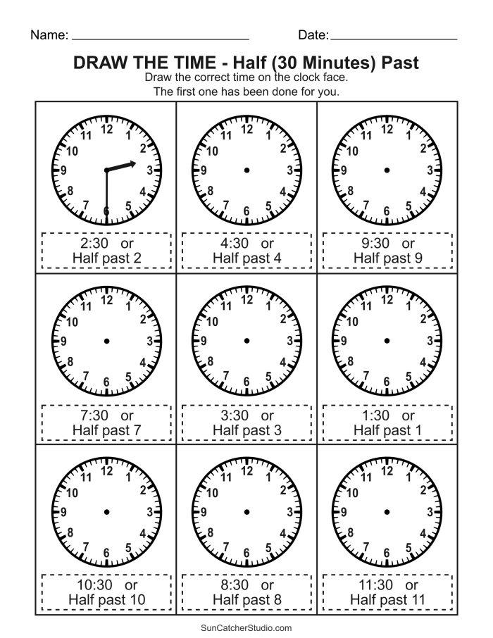 Kindergarten worksheet for drawing whole hours on analog clocks with practice exercises