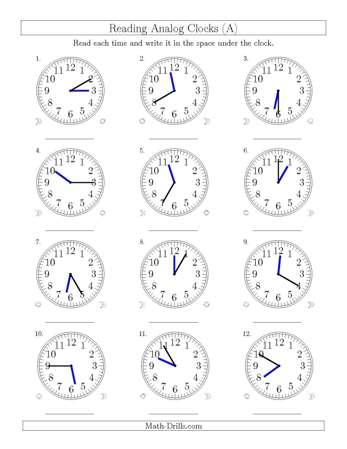 Kindergarten worksheet for drawing whole hours on analog clocks to practice telling time