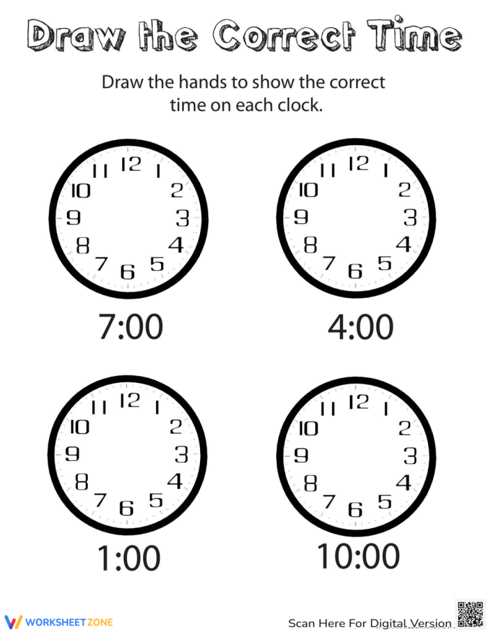 Kindergarten worksheet showing analog clocks for drawing whole hours to practice time telling