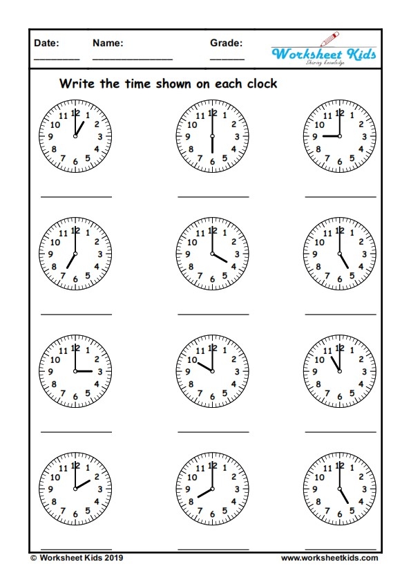 Kindergarten worksheet showing analog clocks for drawing whole hour times