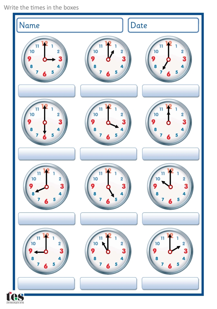 Kindergarten worksheet showing analog clocks for practicing whole hour times