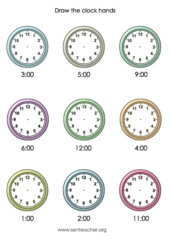 Kindergarten worksheet featuring analog clocks for drawing whole hours