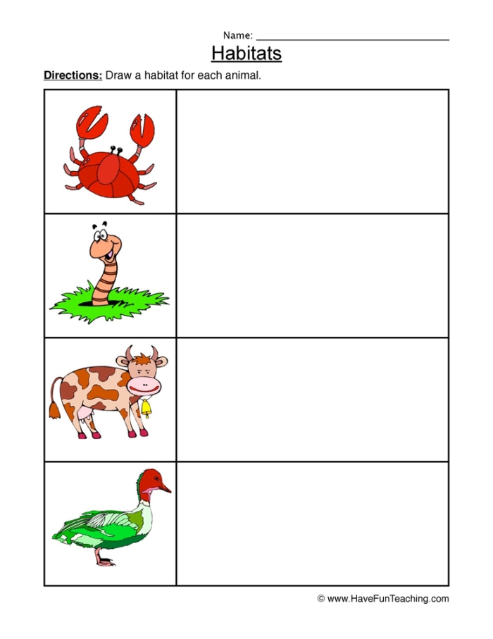 Animal Habitat Drawing Page worksheet for kindergarten students featuring animals and their homes