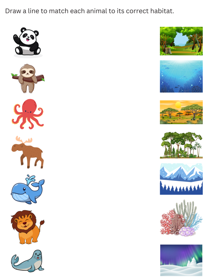 Worksheet featuring animals and their habitats for kindergarten students