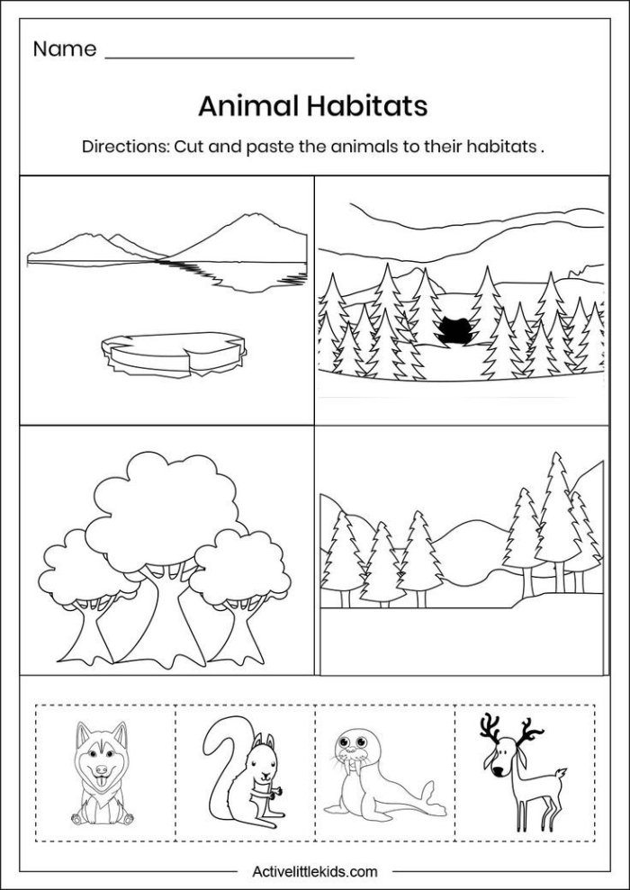 Animal Habitat Drawing Page worksheet for kindergarteners to explore animal homes