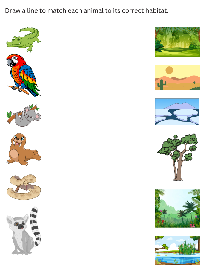 Animal Habitat Drawing Page worksheet for kindergarten students featuring animals and their habitats