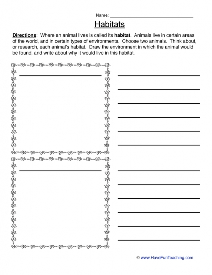 Animal Habitat Drawing Page worksheet for kindergarten students featuring animals and their habitats