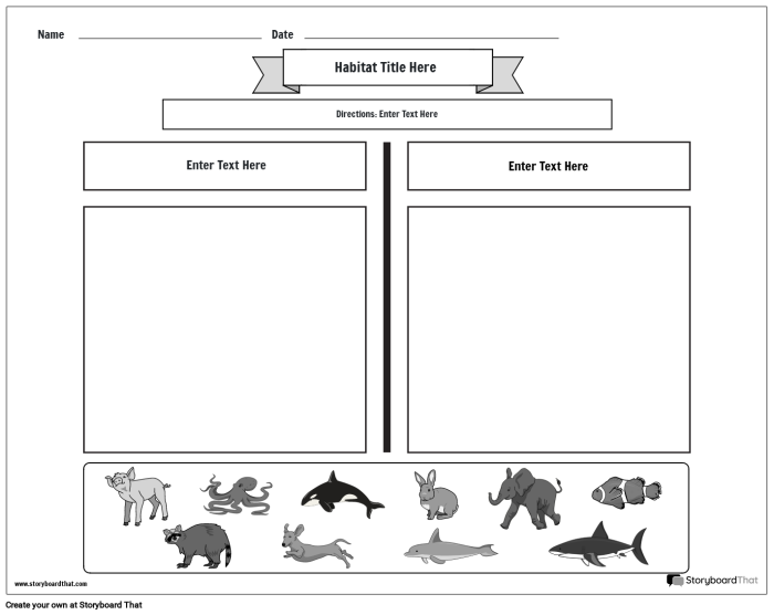 Animal Habitat Drawing Page worksheet for kindergarten students to learn about animals and their homes