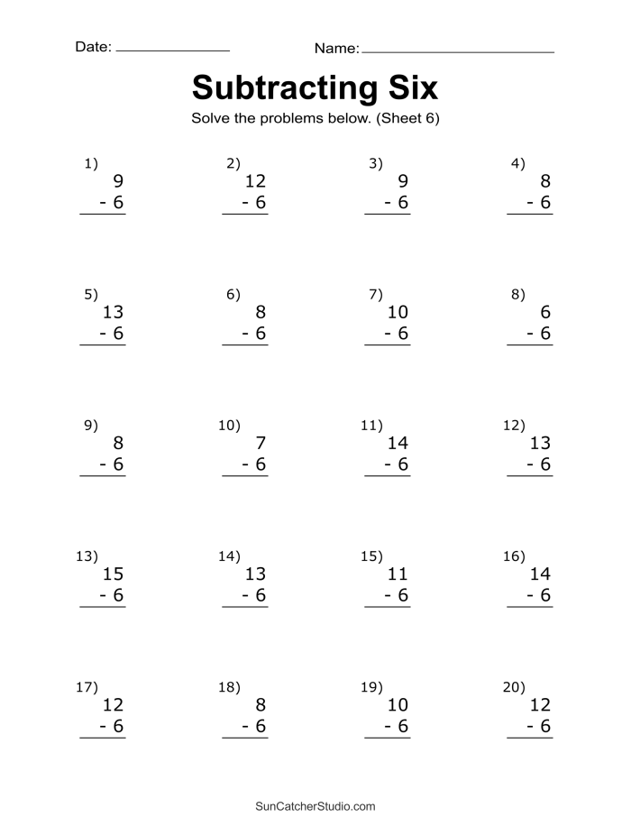 Animal subtraction worksheet featuring problems that involve crossing off six animals