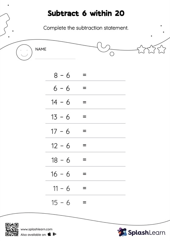Colorful worksheet featuring animal pictures for subtracting six