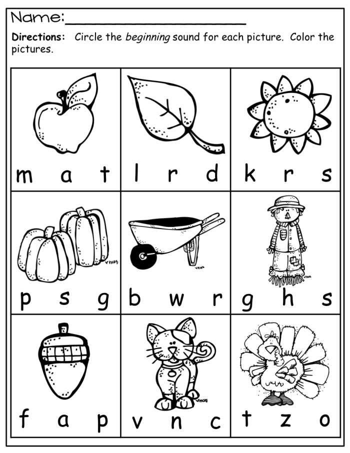 Beginning Sounds: P to T Worksheet for Kindergarteners Kindergarten worksheet featuring pictures that help students match beginning sounds from P to T