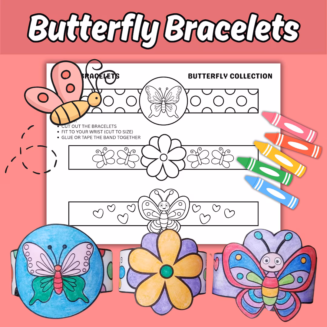 Craft project for young learners featuring butterfly-themed bracelets Colorful butterfly bracelet worksheet for kindergarten phonics activity