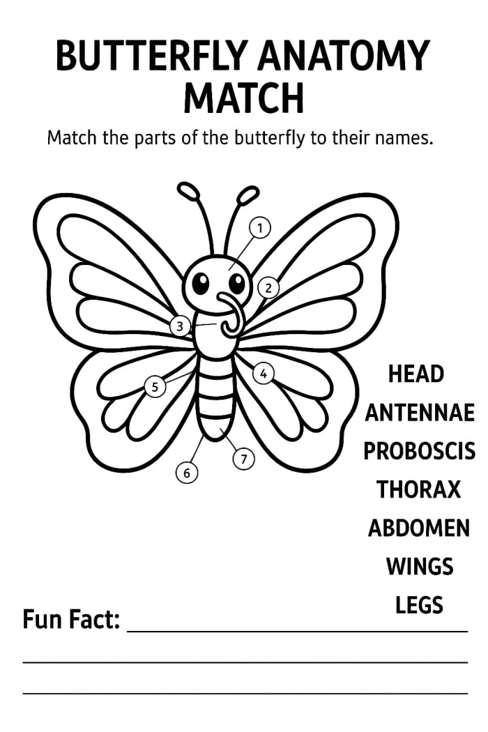 Butterfly parts labeling activity worksheet for young learners number 11 Kindergarten butterfly anatomy worksheet featuring a labeled butterfly diagram for learning fractions