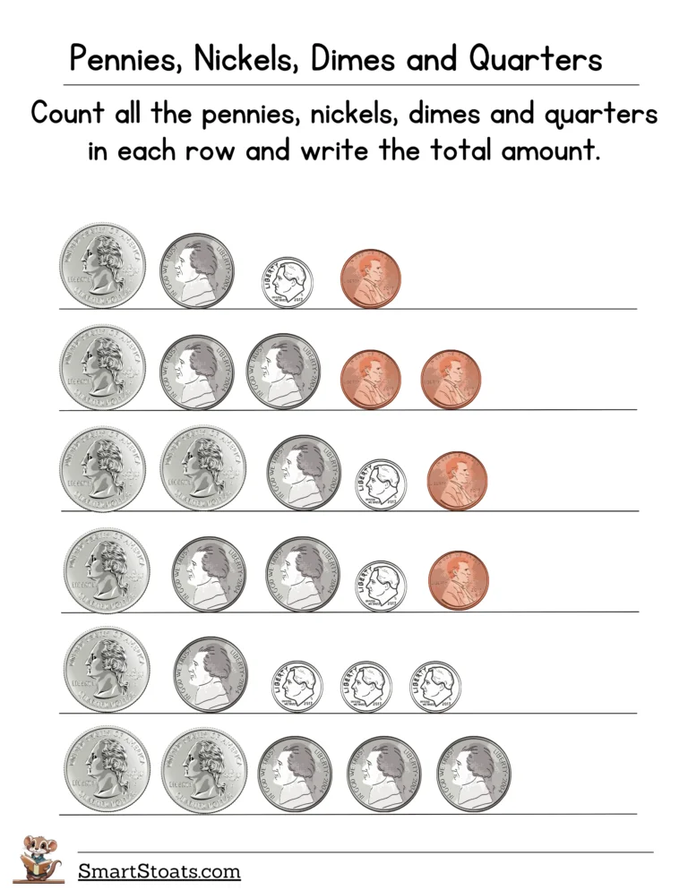 Coins Pick the Pennies math activity for early learners recognizing penny coins Kindergarten math worksheet showing various coins with pennies highlighted for students to identify and select