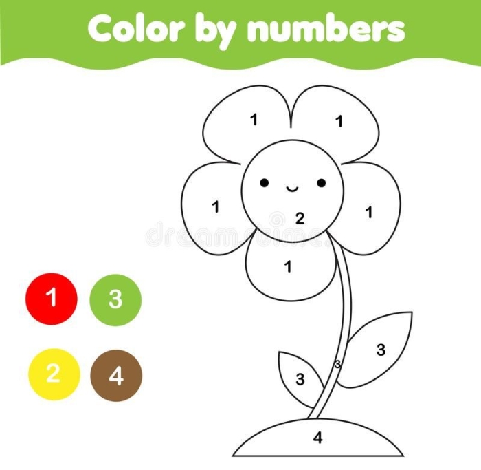 Color by Number Flower activity sheet for practicing number recognition with flower design number 14 Kindergarten worksheet featuring a flower to color by matching numbers and words for number 14