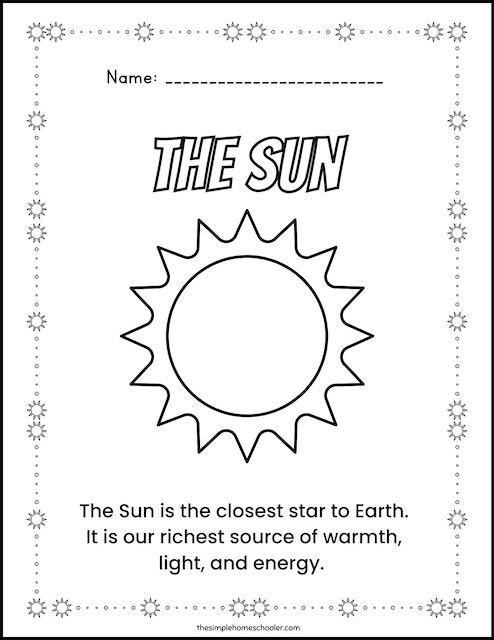 Colorful Learn About the Sun worksheet for young learners with a sunny illustration and facts about the sun Kindergarten worksheet showing a bright sun and children coloring while learning about the sun