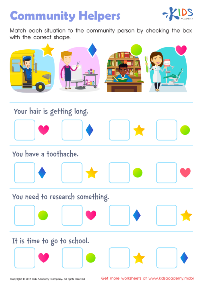 Kindergarten Community Workers worksheet featuring vehicles to match with helpers