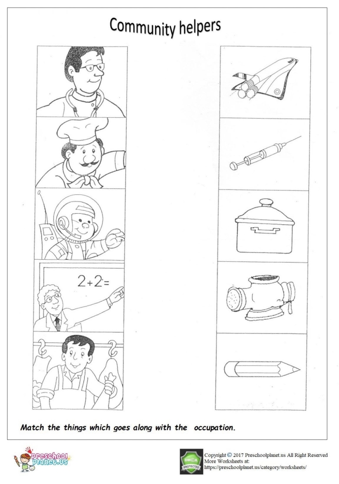 Kindergarten Community Workers worksheet featuring vehicles to match with workers