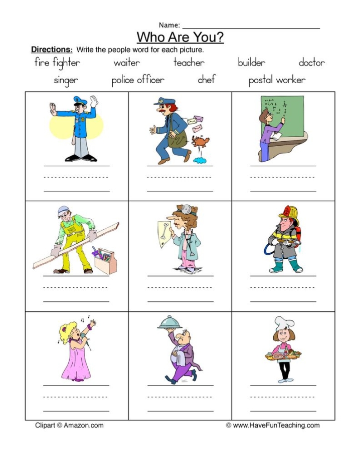 Kindergarten worksheet featuring community workers and their vehicles for a fun learning activity