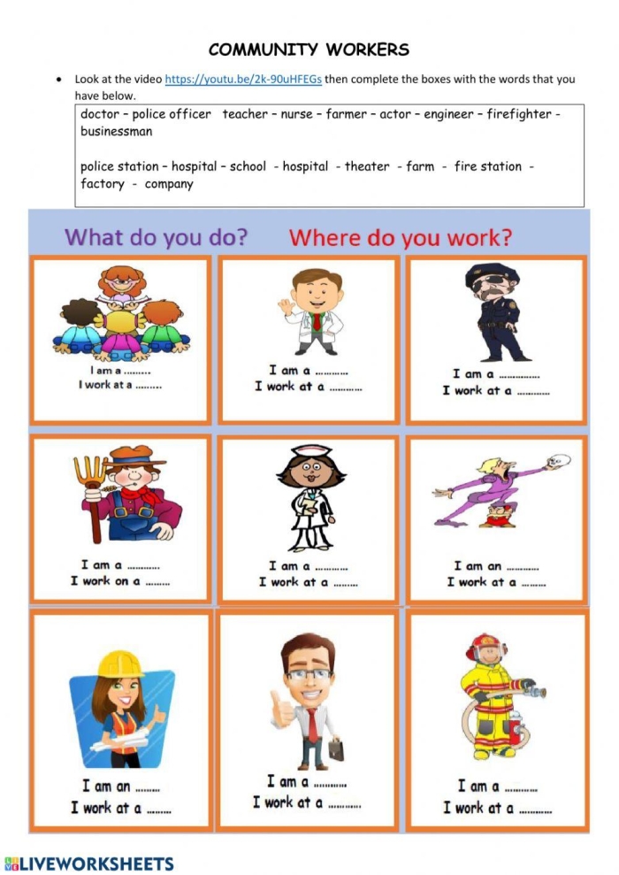 Kindergarten Community Workers worksheet showing vehicles and helpers in the neighborhood