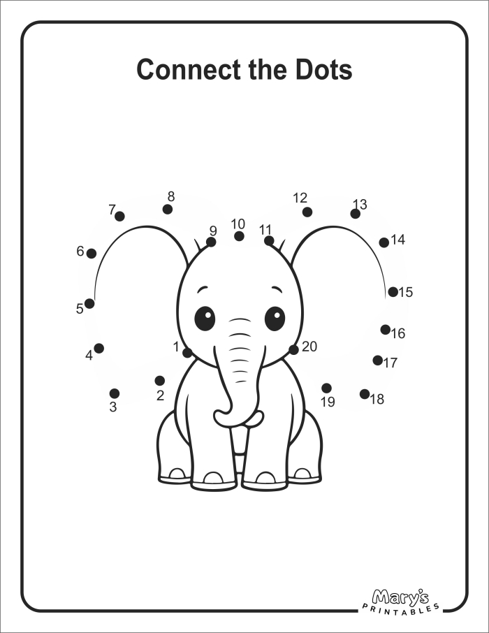 Kindergarten Connect the Dots Activity Featuring the World's Largest Land Animal Connect the Dots Elephant worksheet for kindergarten students to complete numbered sequence 1 to 50