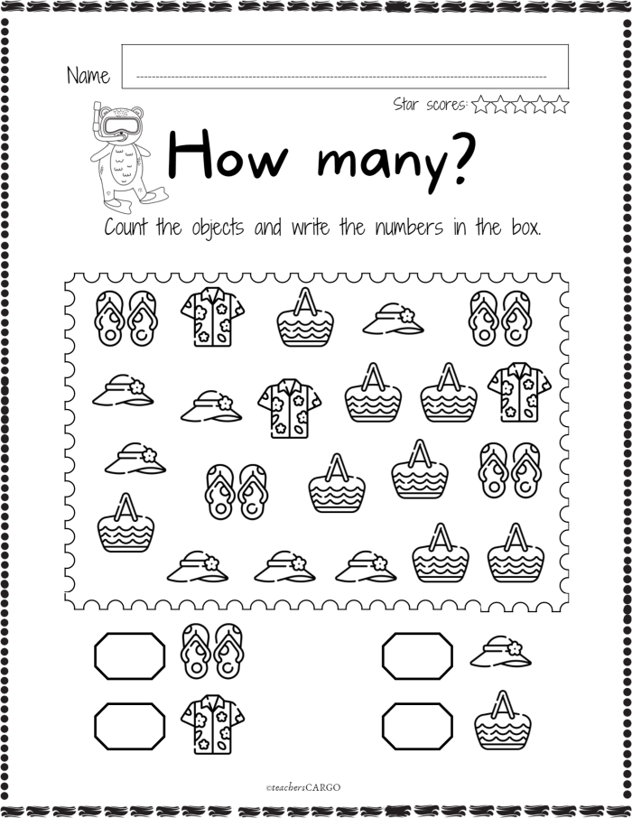 Counting and ordering numbers 1-10 worksheet for early learners in community and culture class Kindergarten worksheet featuring counting manipulatives from one to ten with colorful pictures
