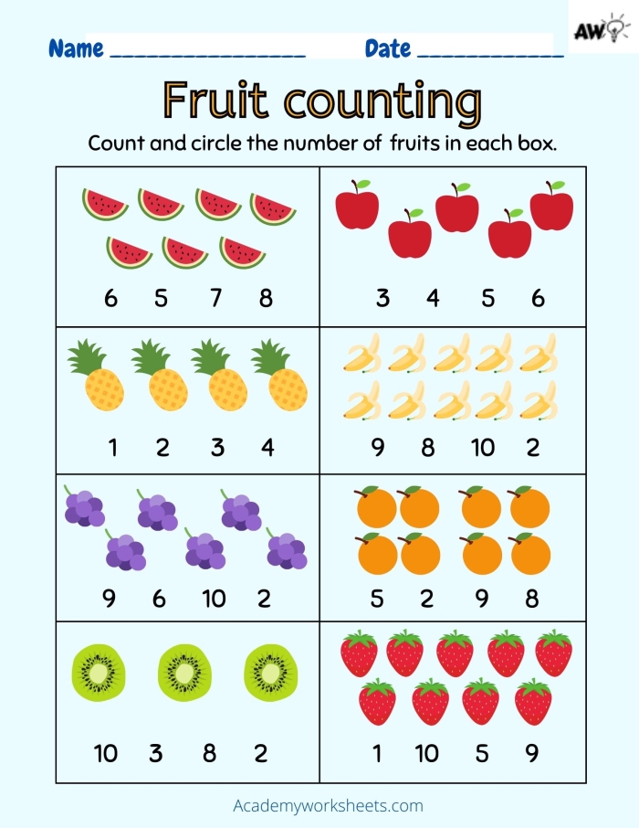Counting and ordering numbers 1 through 10 worksheet for young learners in community and culture category Kindergarten worksheet featuring counting manipulatives from one to ten with colorful images