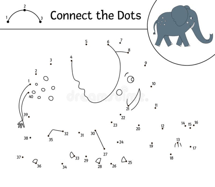 Elephant dot-to-dot drawing exercise for young learners to practice number sequencing and fine motor skills Connect the dots from 1 to 50 to reveal a picture of an elephant, the world's largest land animal, on this kindergarten worksheet activity