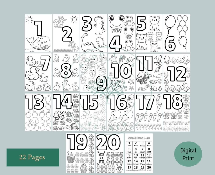 Kindergarten worksheet featuring teacups to color and count up to number 20